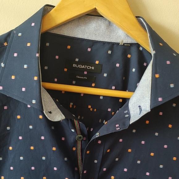 Bugatchi Navy Blue Long Sleeve Cuffed Cotton Shirt Small Colored Squares 3XL - Picture 5 of 9